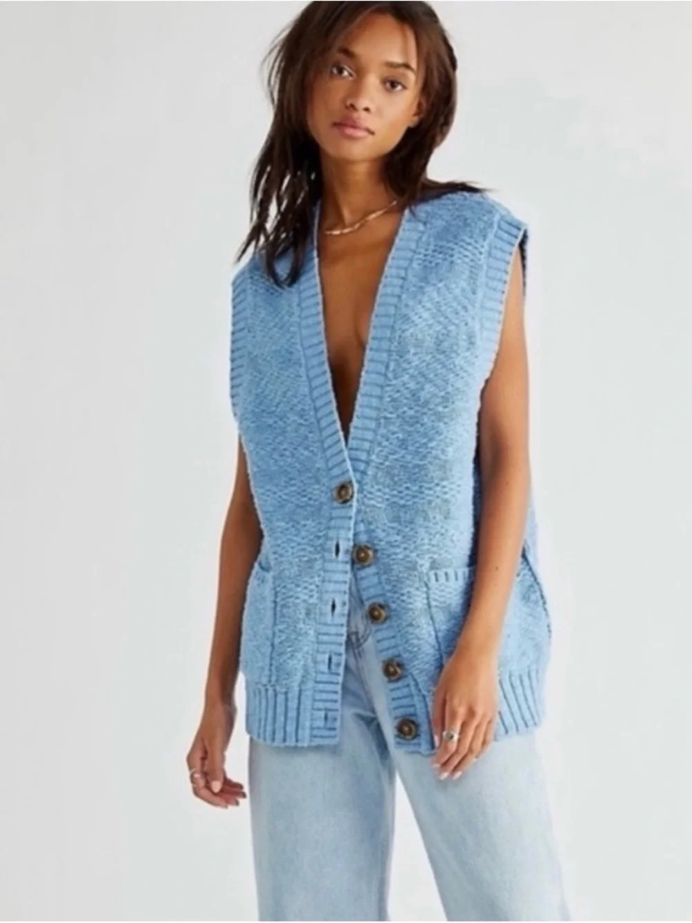 Free People oversized Light Blue Chunky Knit Button-Front Sleeveless Vest